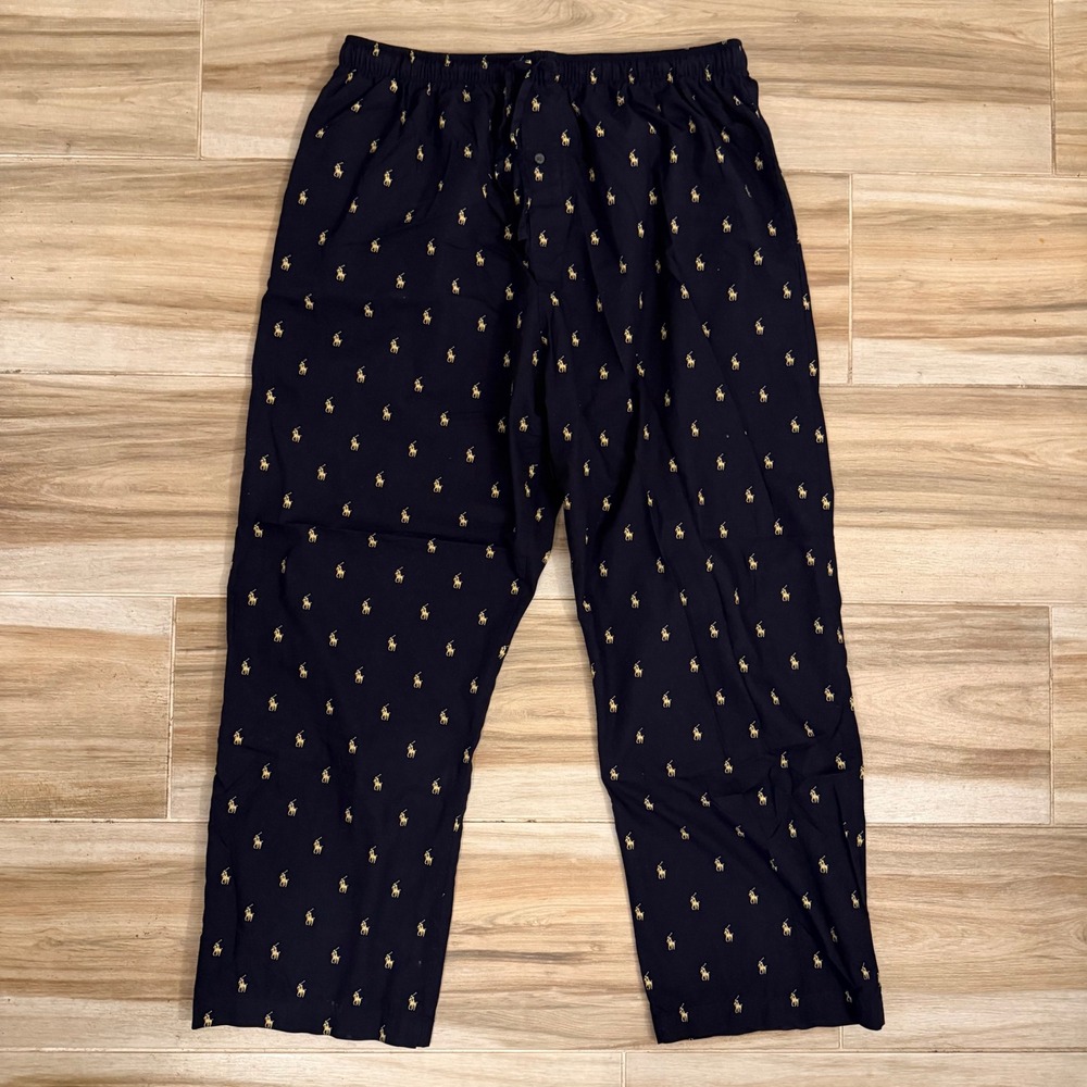 Polo Ralph Lauren Mens XL Navy Blue Yellow Pony Logo Cotton Pajama Sleep Pants